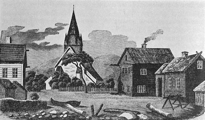 Bilete 26. Holbergsplassen med Holbergshuset og Bispestova (Herrekammeret) fyre 1853.